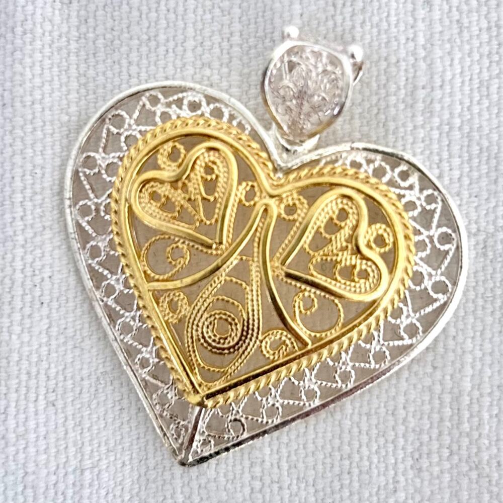 Vintage 925 Sterling Silver Two Tone Gold Filigree Heart Pendant Turkey Signed
